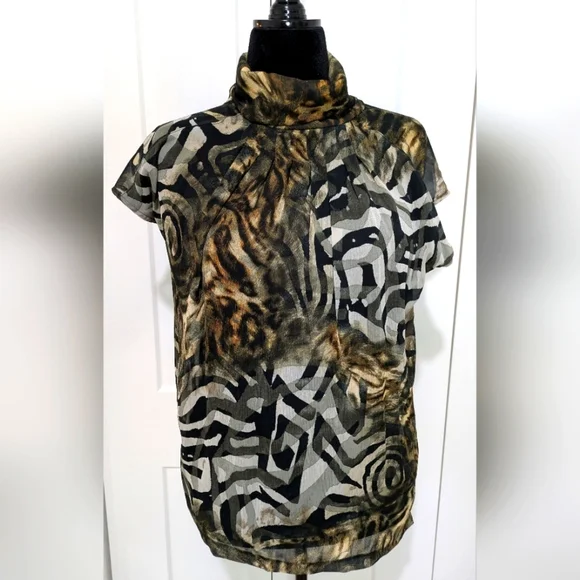 Women's Mock Neck Animal Print Short Sleeve Top, Size M EUC Lined Festival - Picture 1 of 8